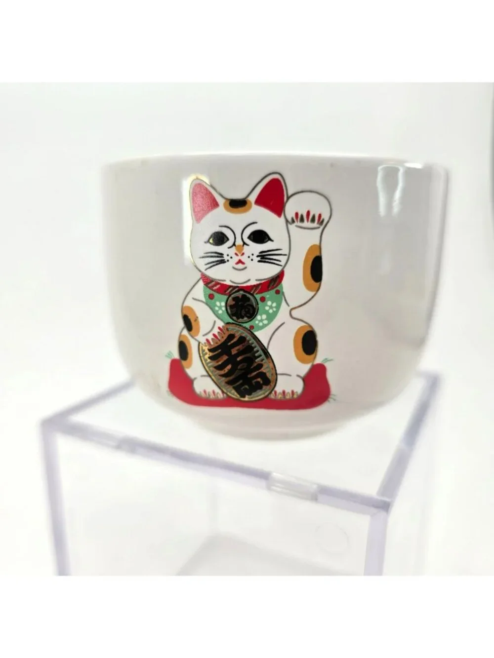 Vintage Japanese Lucky Cat Ceramic Bow Cup For Tea or Rice je195